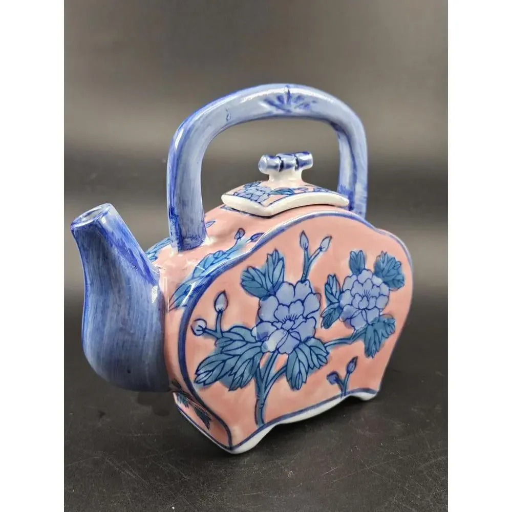 Ben Rickert Chinoiserie Teapot Blue Pink Floral Ceramic Asian Decor 5 In Tall - Picture 1 of 9